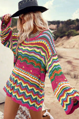 Rose Red Colorblock Striped Hollowed Knit Loose Sleeve Sweater Sweaters JT's Designer Fashion