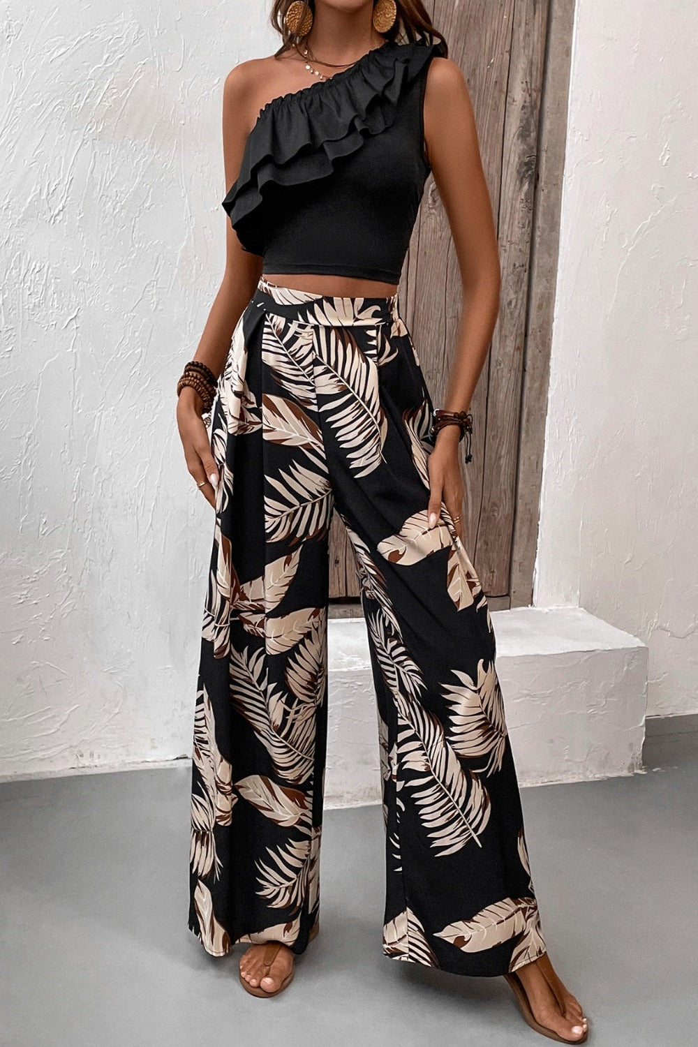 Ruffled Sleeveless Top and Printed Pants Set Black Pant Sets JT's Designer Fashion