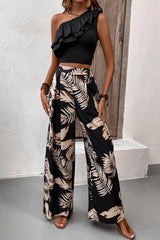 Ruffled Sleeveless Top and Printed Pants Set Black Pant Sets JT's Designer Fashion