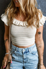 Beige Ruffled Short Sleeve U Neck Textured Sheath Crop Top Sweaters & Cardigans JT's Designer Fashion