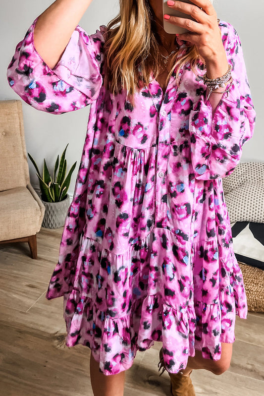 Rose Leopard Print Buttoned Front 3/4 Sleeve Tiered Ruffled Hem Dress Mini Dresses JT's Designer Fashion