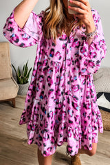 Rose Leopard Print Buttoned Front 3/4 Sleeve Tiered Ruffled Hem Dress Mini Dresses JT's Designer Fashion