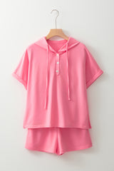 Peach Blossom Hooded Short Sleeve Henley Top and Shorts Set Short Sets JT's Designer Fashion