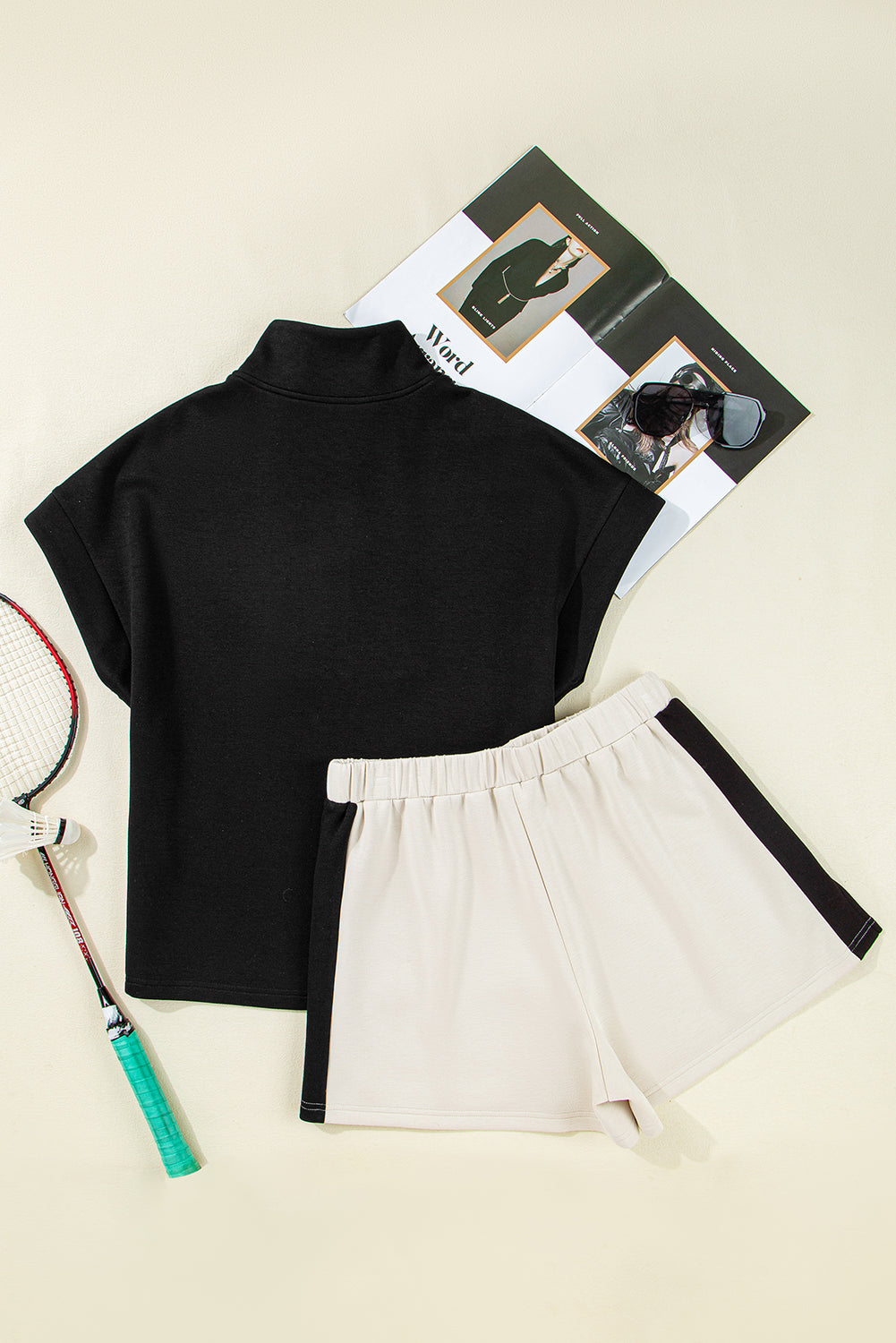 Black Contrast Zipped Stand Collared T Shirt and Short Set Short Sets JT's Designer Fashion