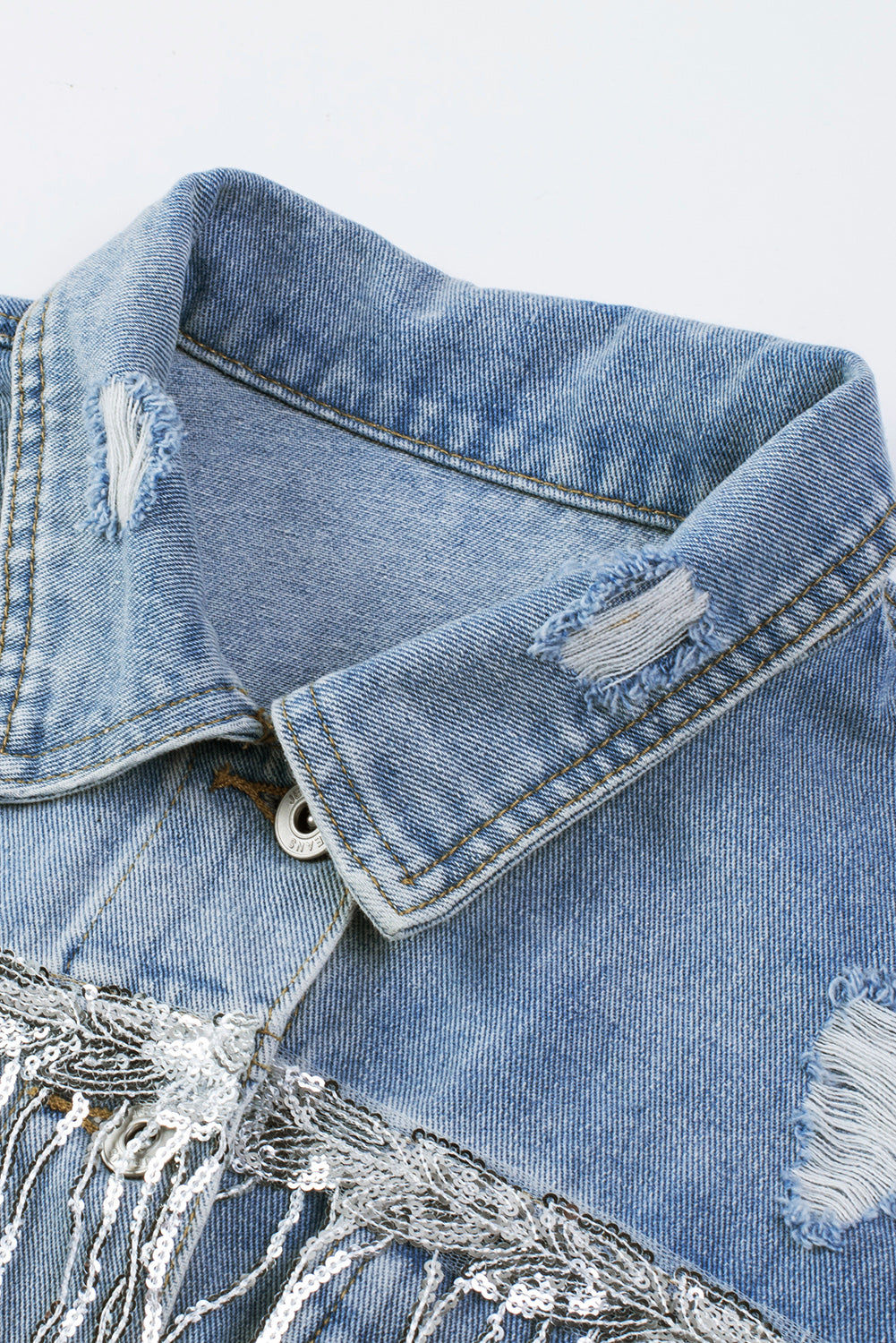 Sky Blue Sequin Embellished Fringe Distressed Denim Jacket Denim Jackets JT's Designer Fashion