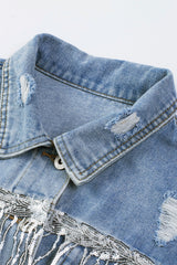 Sky Blue Sequin Embellished Fringe Distressed Denim Jacket Denim Jackets JT's Designer Fashion