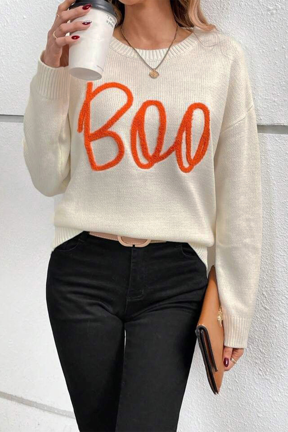 Apricot Boo Knitted Pattern Ribbed Edge Drop Shoulder Sweater Sweaters JT's Designer Fashion