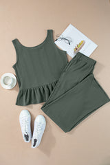 Duffel Green Solid Color Ribbed Ruffle Tank Top and Pants Set Pant Sets JT's Designer Fashion