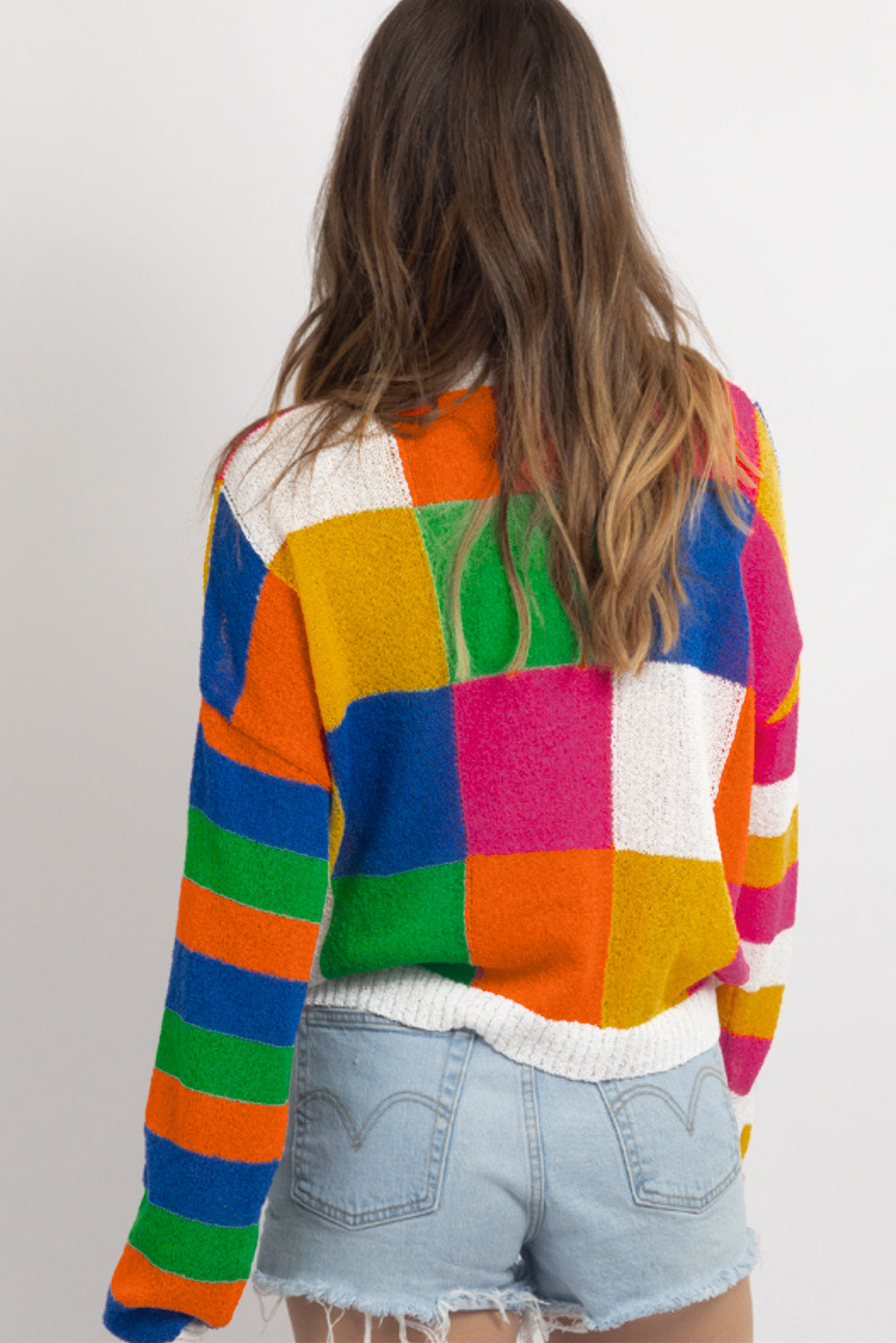 Orange Checkered Color Block Round Neck Loose Sweater Sweaters JT's Designer Fashion