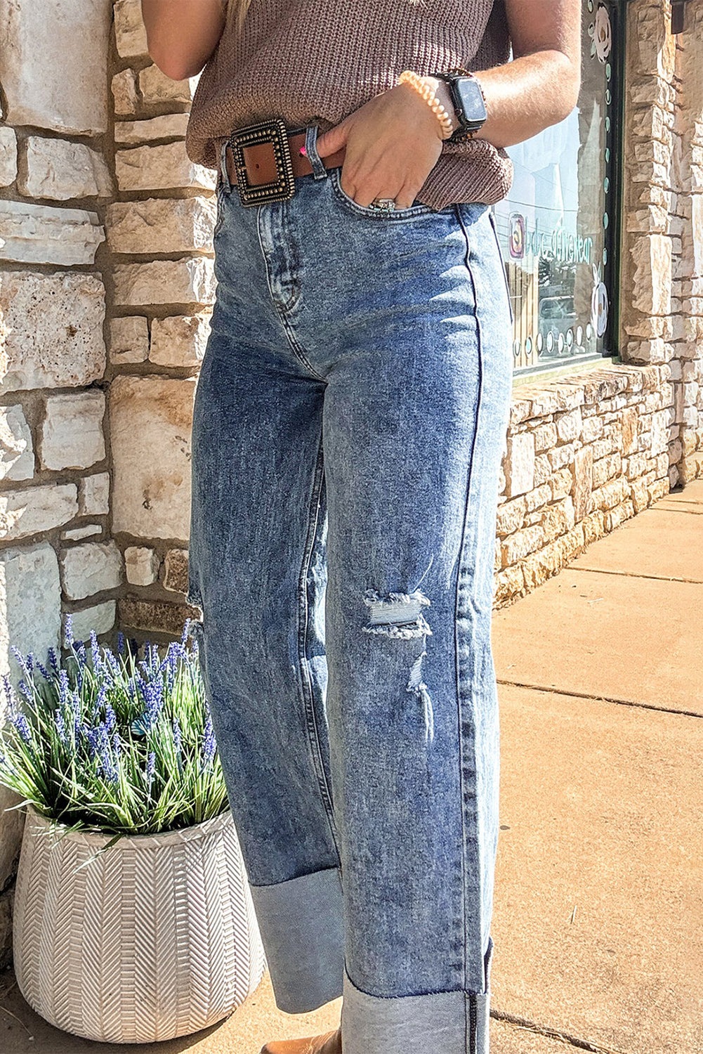 Ashleigh Blue Mineral Wash Bottom Cuff Distressed Wide Leg Jeans Jeans JT's Designer Fashion