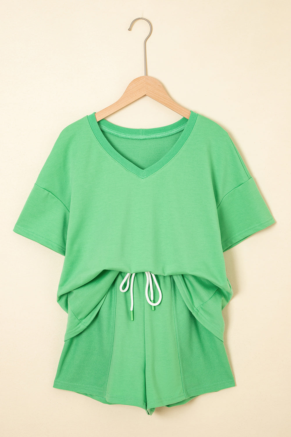 Mint Green V Neck Drop Shoulder Tee and Patchwork Drawstring Elastic Waistband Shorts Set Short Sets JT's Designer Fashion