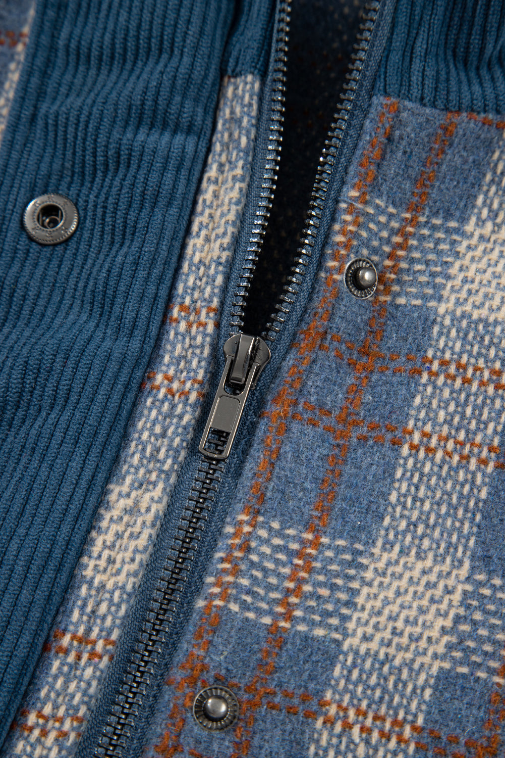 Gray Plaid Corduroy Patchwork Collared Zip Up Snap Button Jacket Plaid Shackets JT's Designer Fashion