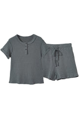Laurel Green Waffle Knit Buttoned Top and Drawstring Shorts Set Short Sets JT's Designer Fashion