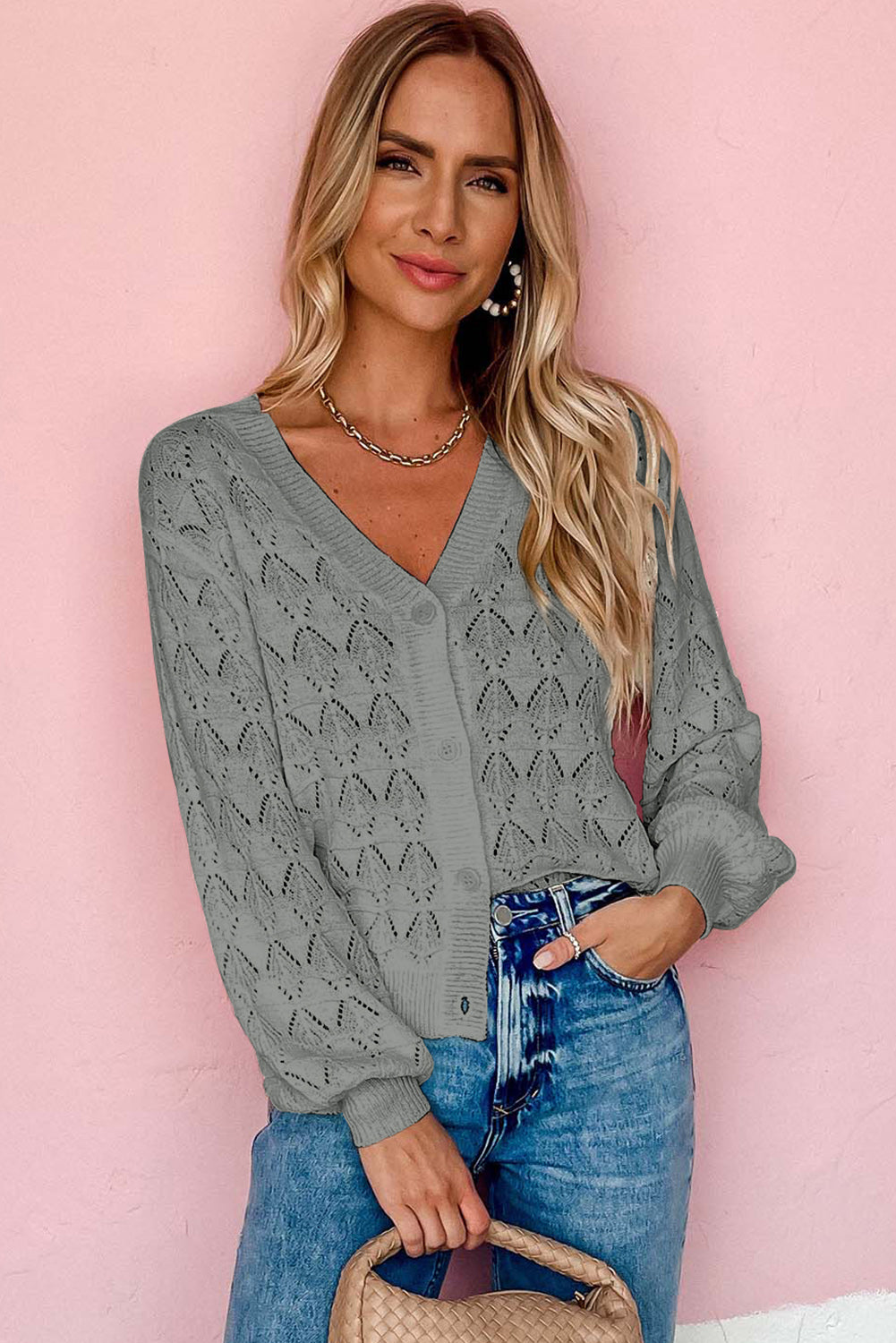 Gray Lightweight Buttoned Front Crochet Cardigan Cardigans JT's Designer Fashion