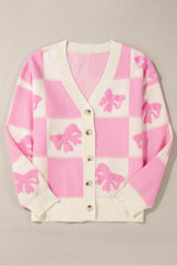 Pink Bowknot Checkered Pattern V Neck Drop Shoulder Button Up Cardigan Cardigans JT's Designer Fashion