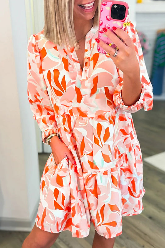 Orange Abstract Print Split Neck Long Sleeve Dress Orange 100%Polyester JT's Designer Fashion