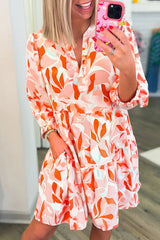 Orange Abstract Print Split Neck Long Sleeve Dress Orange 100%Polyester JT's Designer Fashion