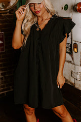 Black Frilled V Neck Pleated Ruffle Detail Short Shift Dress Mini Dresses JT's Designer Fashion