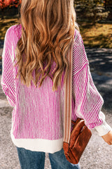 Bright Pink Striped Textured Knit Contrast Edge Loose Sweater Sweaters JT's Designer Fashion