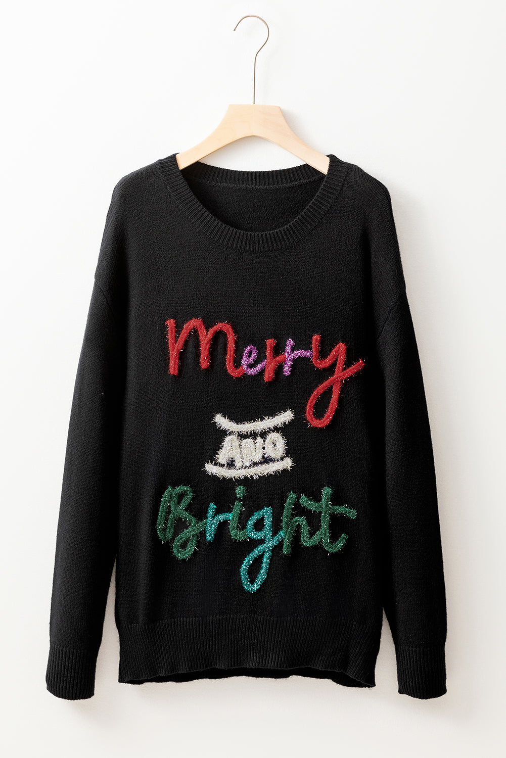 Black Tinsel Merry and Bright Graphic Christmas Sweater Sweaters JT's Designer Fashion