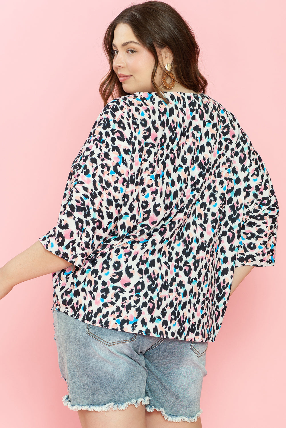 Brown Leopard Print V Neck Batwing Sleeve Plus Size Top Plus Size JT's Designer Fashion