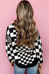 Black Checkered Print Drop Shoulder Round Neck Sweater Sweaters JT's Designer Fashion