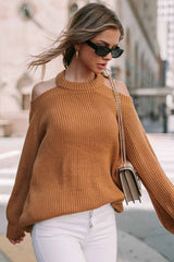 Brown Crew Neck Cold Shoulder Hollow-out Back Sweater Sweaters & Cardigans JT's Designer Fashion