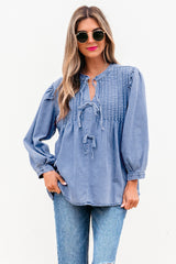 Myosotis Denim Front Pintuck Bow Tie Puff Sleeve Top Blouses & Shirts JT's Designer Fashion