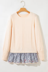 Beige Cable Texture Bohemian Ruffle Hem Patchwork Sweater Sweaters JT's Designer Fashion