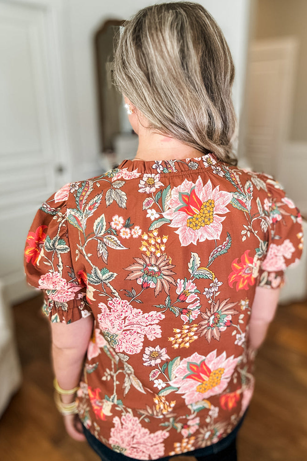 Brown Floral Stitched V Neck Frilled Trim Puff Short Sleeve Blouse Plus Size Blouses & Shirts JT's Designer Fashion