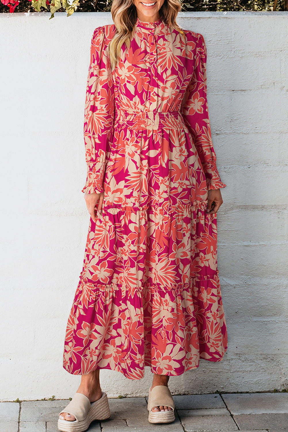 Rose Floral Print Buttoned Smocked High Waist Maxi Dress Floral Dresses JT's Designer Fashion