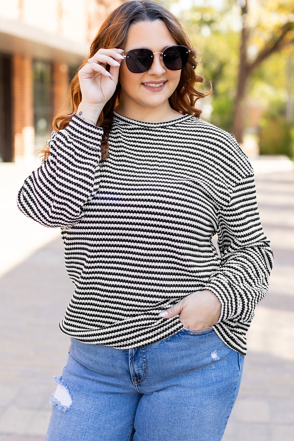 Black Stripe Drop Shoulder Puff Long Sleeve O Neck Plus Size T Shirt Plus Size Long Sleeve Tops JT's Designer Fashion