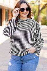 Black Stripe Drop Shoulder Puff Long Sleeve O Neck Plus Size T Shirt Black Stripe 97%Polyester+3%Elastane Plus Size Long Sleeve Tops JT's Designer Fashion