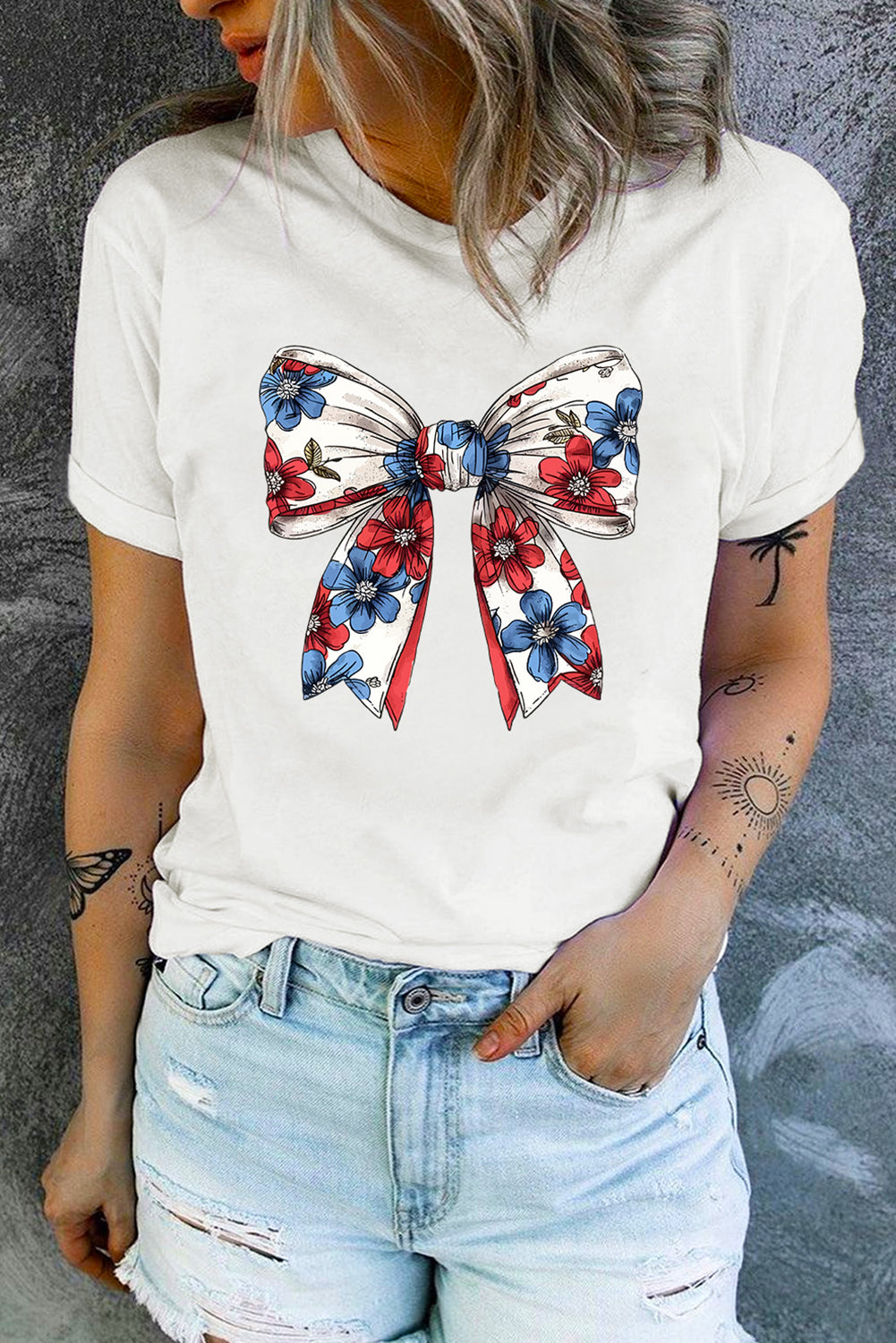 White July 4th Flower Bowknot Print Crew Neck T Shirt Graphic Tees JT's Designer Fashion