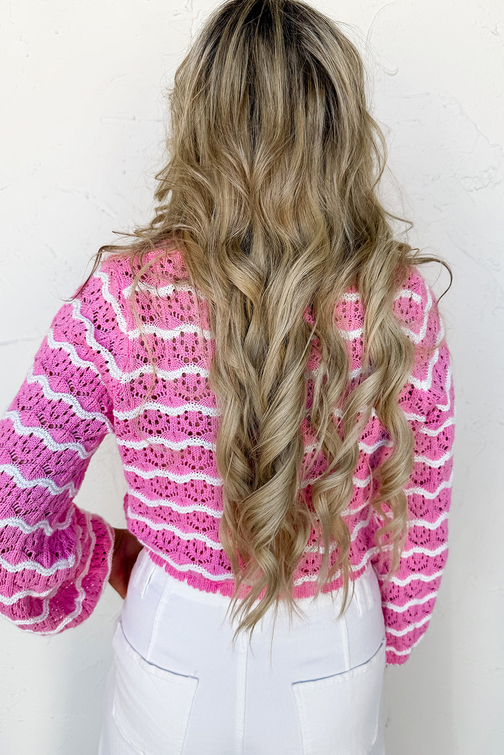Pink Stripe Crochet Scalloped Trim Lace-up Front Cropped Cardigan Cardigans JT's Designer Fashion