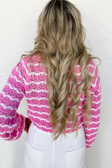 Pink Stripe Crochet Scalloped Trim Lace-up Front Cropped Cardigan Cardigans JT's Designer Fashion