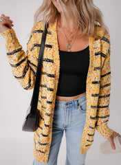 Beige Striped Pom Pom Knit Open Front Long Cardigan Cardigans JT's Designer Fashion