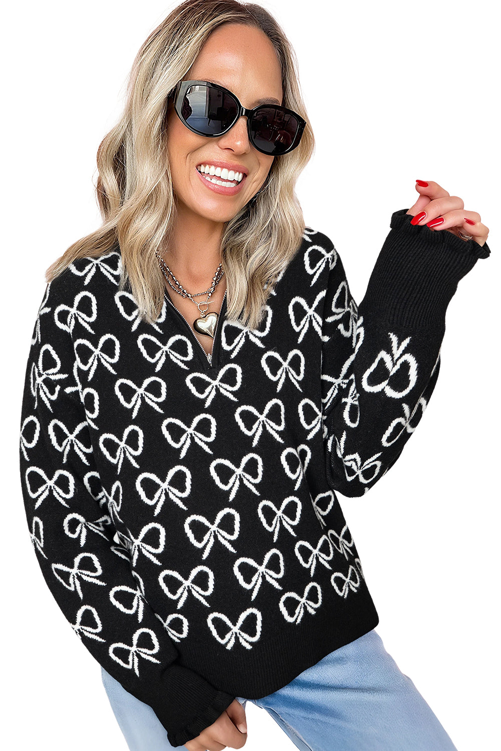 Black Cute Bow Pattern Drop Shoulder Zipped Collar Sweater Sweaters JT's Designer Fashion