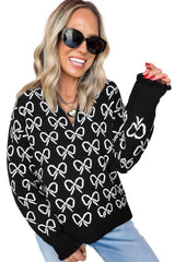 Black Cute Bow Pattern Drop Shoulder Zipped Collar Sweater Sweaters JT's Designer Fashion