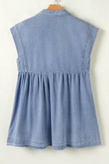 Beau Blue Lapel Neck Cap Sleeve High Waist Denim Babydoll Dress Mini Dresses JT's Designer Fashion