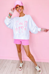 White Bowknot Pattern Corded Long Sleeve Drop Shoulder Top Long Sleeve Tops JT's Designer Fashion