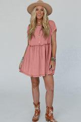 Dusty Pink Corded Knit Textured Patched Pocket Frilled Swing Mini Dress with Pockets Mini Dresses JT's Designer Fashion