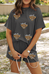 Carbon Grey Sequin Heifer Patched 2pcs Twisted Ribbed Casual Short Set Carbon Grey 75%Polyester+20%Viscose+5%Elastane Graphic Sets JT's Designer Fashion