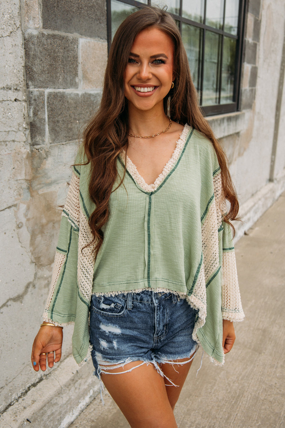 Grass Green Crochet Detail Exposed Seam High Low Loose Top Long Sleeve Tops JT's Designer Fashion