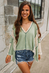 Grass Green Crochet Detail Exposed Seam High Low Loose Top Long Sleeve Tops JT's Designer Fashion