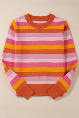 Orange Color Block Ribbed Edge Round Neck Sweater Sweaters JT's Designer Fashion