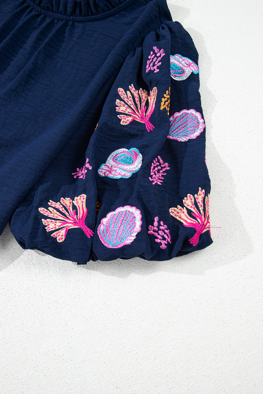 Sail Blue Shellfish Coral Embroidery Puff Sleeve Frilled Neck Blouse Blouses & Shirts JT's Designer Fashion