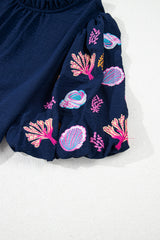 Sail Blue Shellfish Coral Embroidery Puff Sleeve Frilled Neck Blouse Blouses & Shirts JT's Designer Fashion