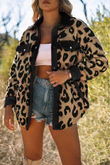 Black Contrast Trimmed Leopard Teddy Shacket Jackets JT's Designer Fashion