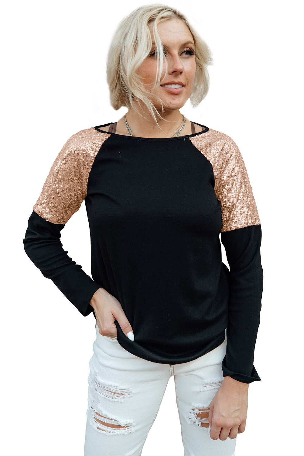 Black Sequin Shoulder Long Sleeve Top Long Sleeve Tops JT's Designer Fashion